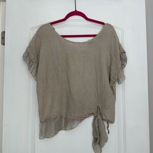 Chic Beige Women's Blouse with Ruffle Sleeves Linen and Silk Blend